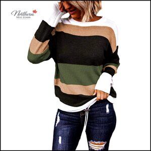 Women's Striped Pullover Sweater Round Neck Drawstring Hem Winter Cozy